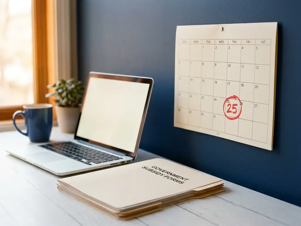 Kalender met rood omcirkelde datum boven stapel subsidieformulieren en laptop op wit bureau, warm natuurlijk licht.