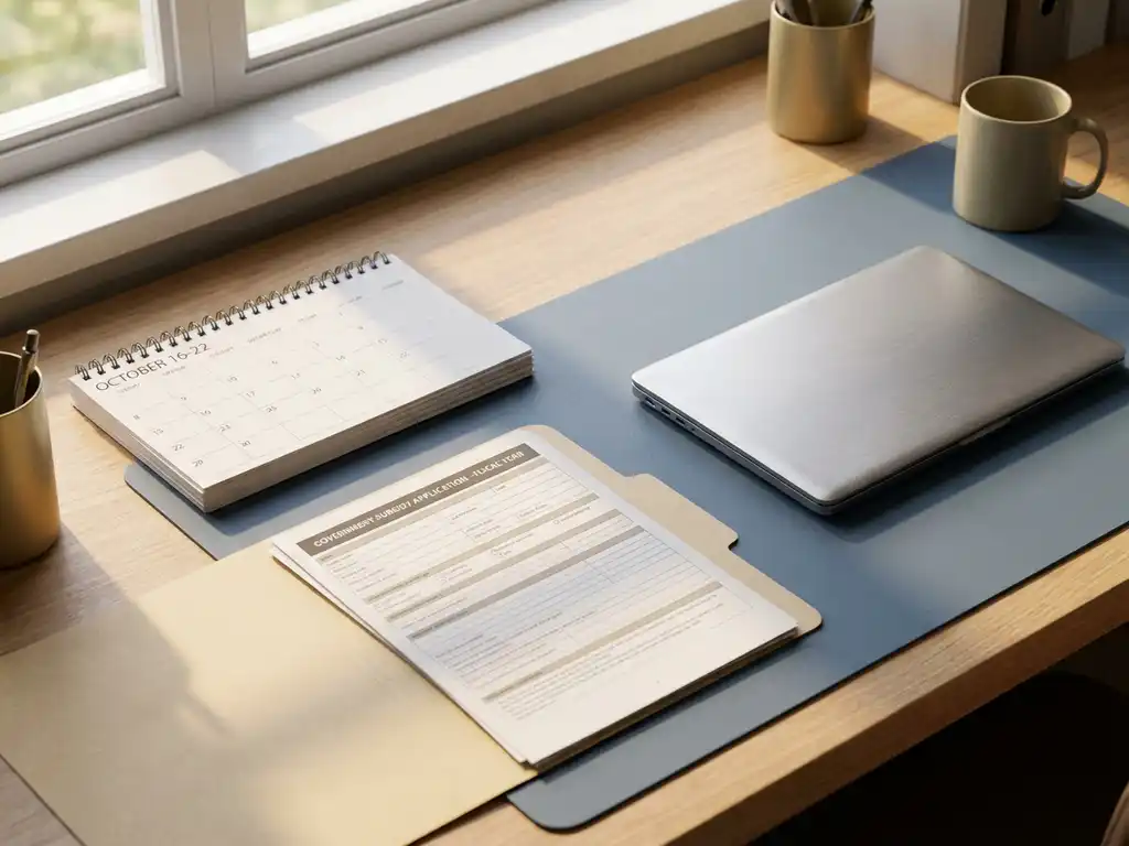 Opengeslagen weekkalender op modern bureau naast overheidssubsidiedocument en laptop, in warm natuurlijk licht.