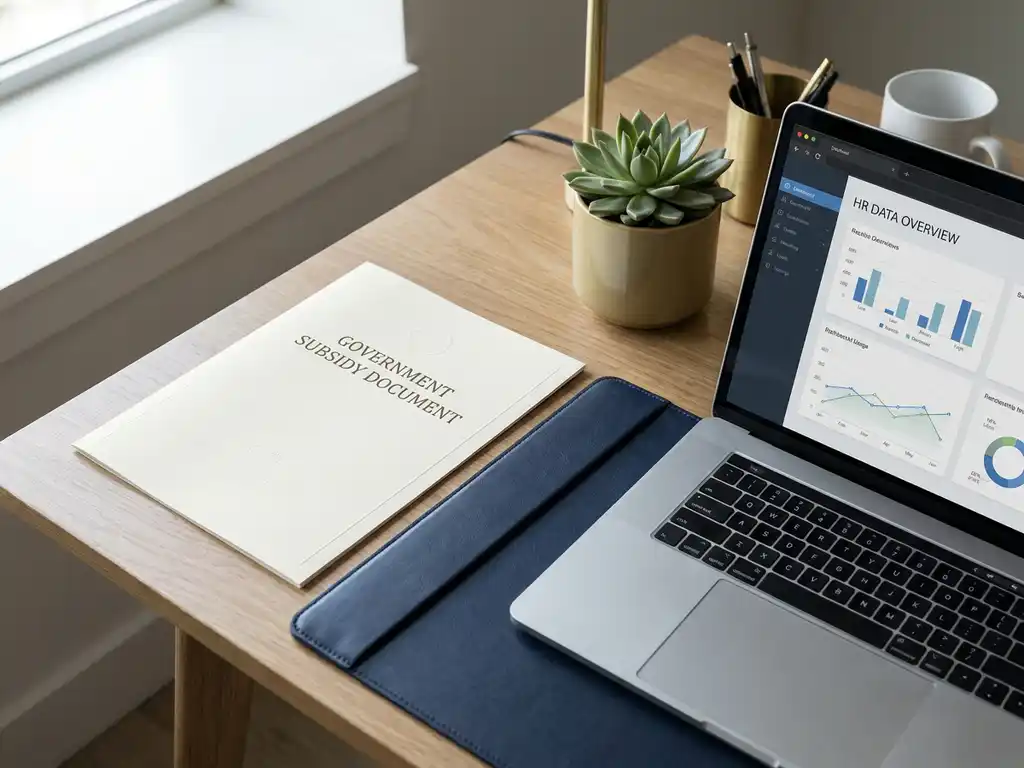 Bureau met overheidssubsidiedocument naast laptop met HR-dashboard, potplant en zachte natuurlijke belichting.