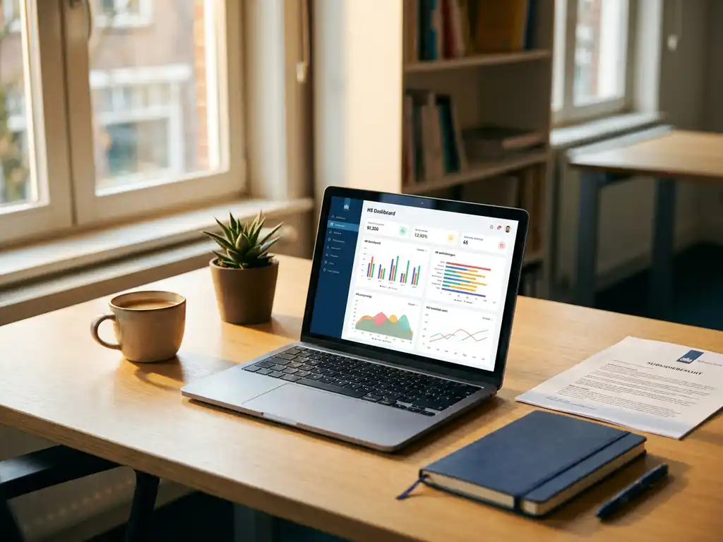 Opgeruimd Nederlands kantoorbureau met subsidiedocument naast laptop met HR-dashboard, kamerplant en koffiemok in warm ochtendlicht.