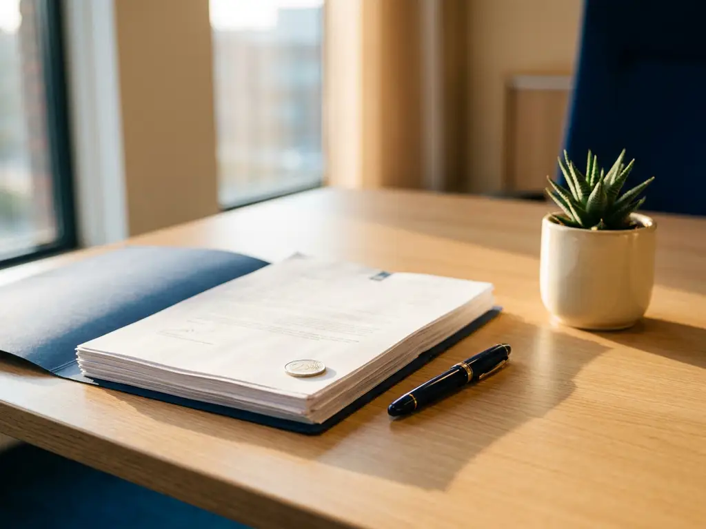 Stapel subsidiedocumenten met pen en euromunt op modern bureau in Nederlands kantoor, warm goudkleurig licht.