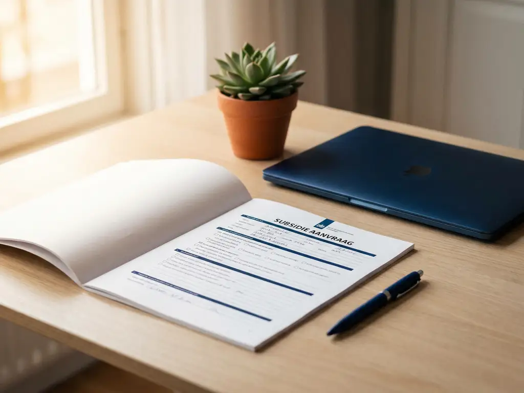 Subsidieaanvraagformulier van de Nederlandse overheid op een modern bureau met laptop, plant en pen in warm kantoorlicht.