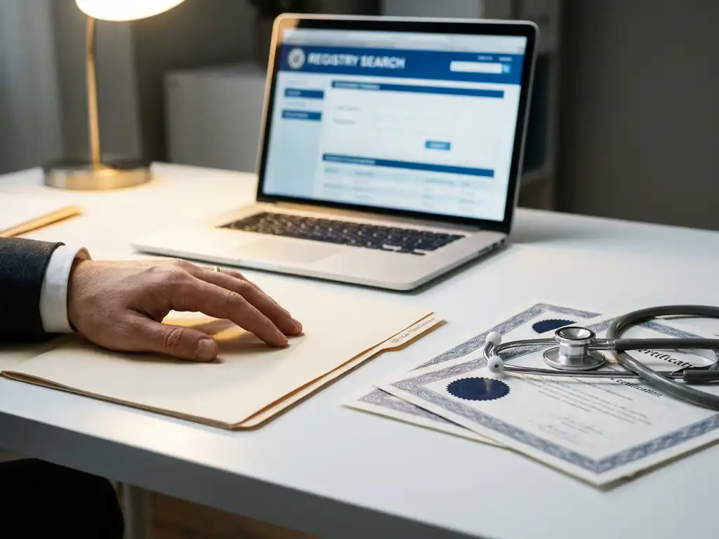 Werkgever controleert personeelsdossier naast stethoscoop en certificeringsdocumenten, laptop toont overheidsregister op achtergrond.