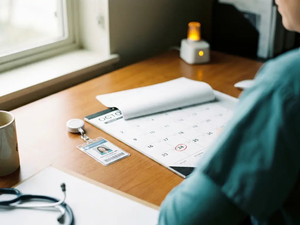 Zorgprofessional ID-badge naast bureaukalender met omcirkelde vervaldatum en gloeiend amber waarschuwingslampje op klinisch bureau.