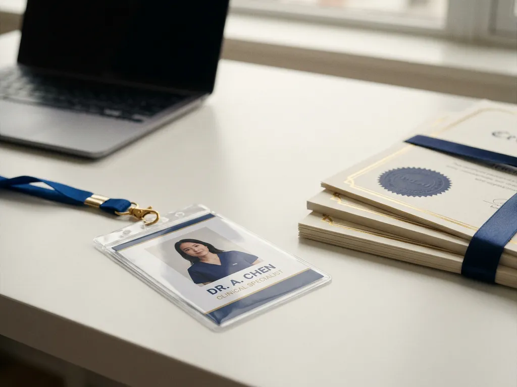 Gelamineerde zorgpas naast officiële certificeringsdocumenten op wit bureau, met laptop op de achtergrond.