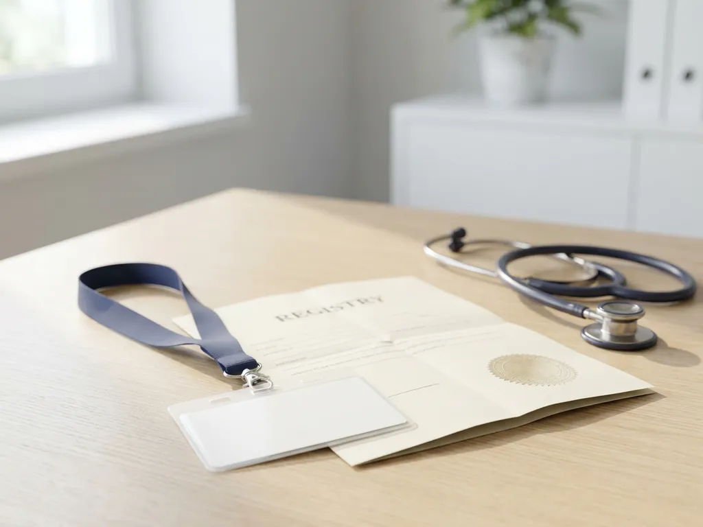Zorgprofessional ID-badge en officieel registratiedocument op klinisch bureau met stethoscoop, zacht natuurlijk licht.
