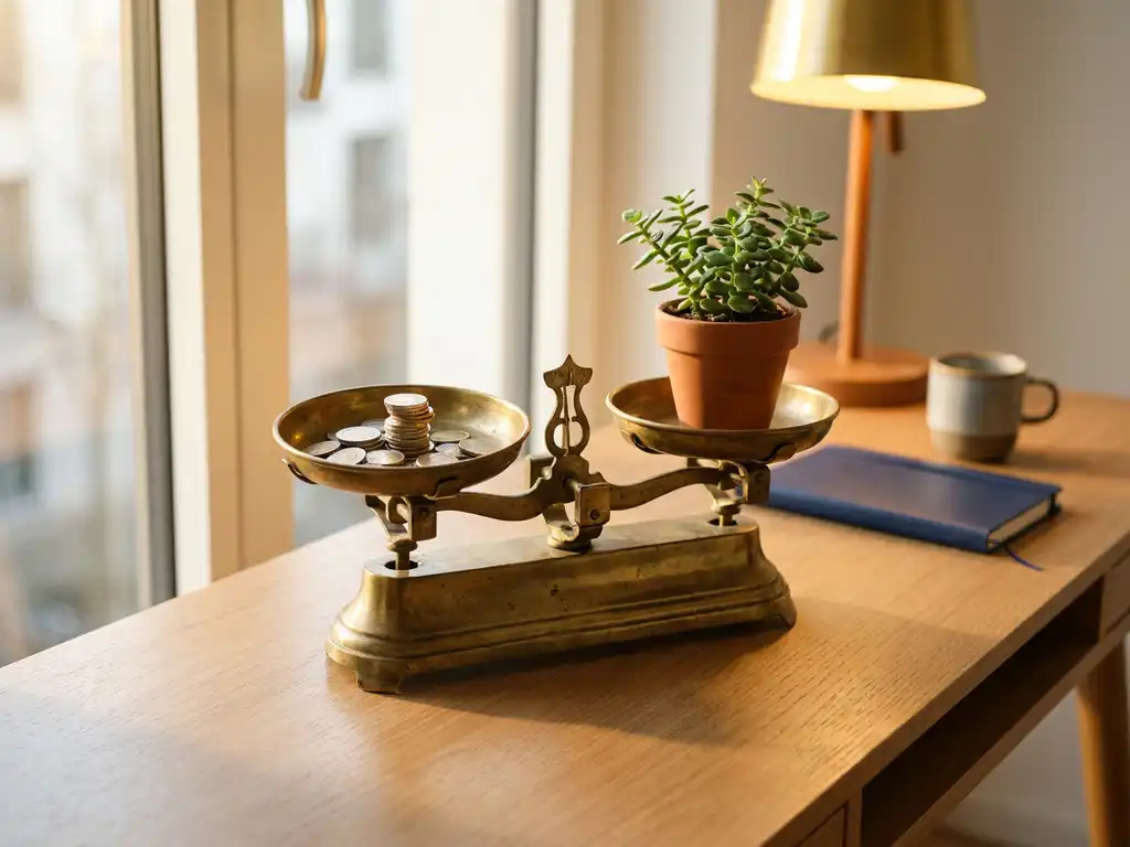 Vintage messing weegschaal op modern bureau met euromunten en kleine groene plant, symboliseert balans tussen winst en duurzaamheid.