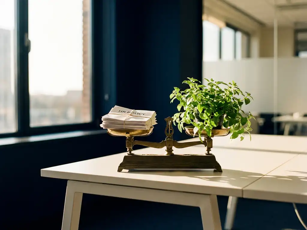 Balansweegschaal op modern bureau met HR-documenten en groene plant, symbool voor sociale return on investment, warm natuurlijk licht.