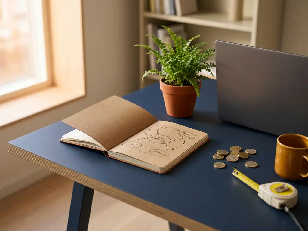 Bureau met notitieboek vol impactdiagrammen, groene plant, laptop, euromunten en meetlint in warm natuurlijk licht.