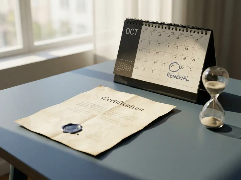 Verouderd certificaat met officieel zegel op modern bureau naast kalender met verlengingsdatum en zandloper, zacht natuurlijk licht.