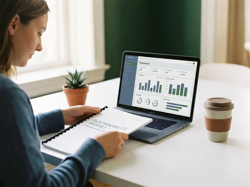 Inkoopmanager bekijkt duurzaamheidsrapport naast HR-dashboard op laptop, met groene plant en herbruikbare koffiebeker op wit bureau.