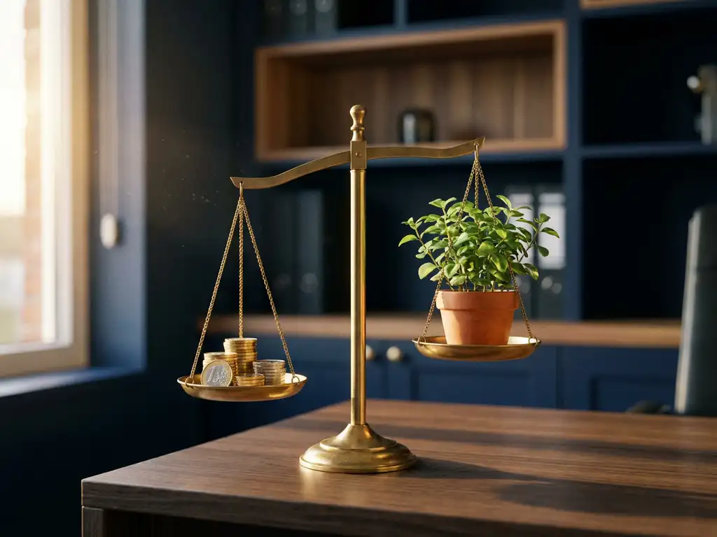 Balansweegschaal met gestapelde euromunten en een groene plant, symbool voor financieel rendement en maatschappelijke impact, warm goudkleurig licht.