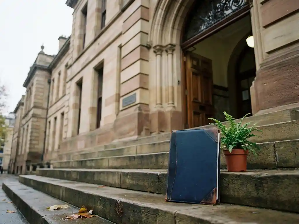 Formele documentmap op versleten stenen trappen bij de ingang van een gemeentehuis, met een klein potplantje ernaast.