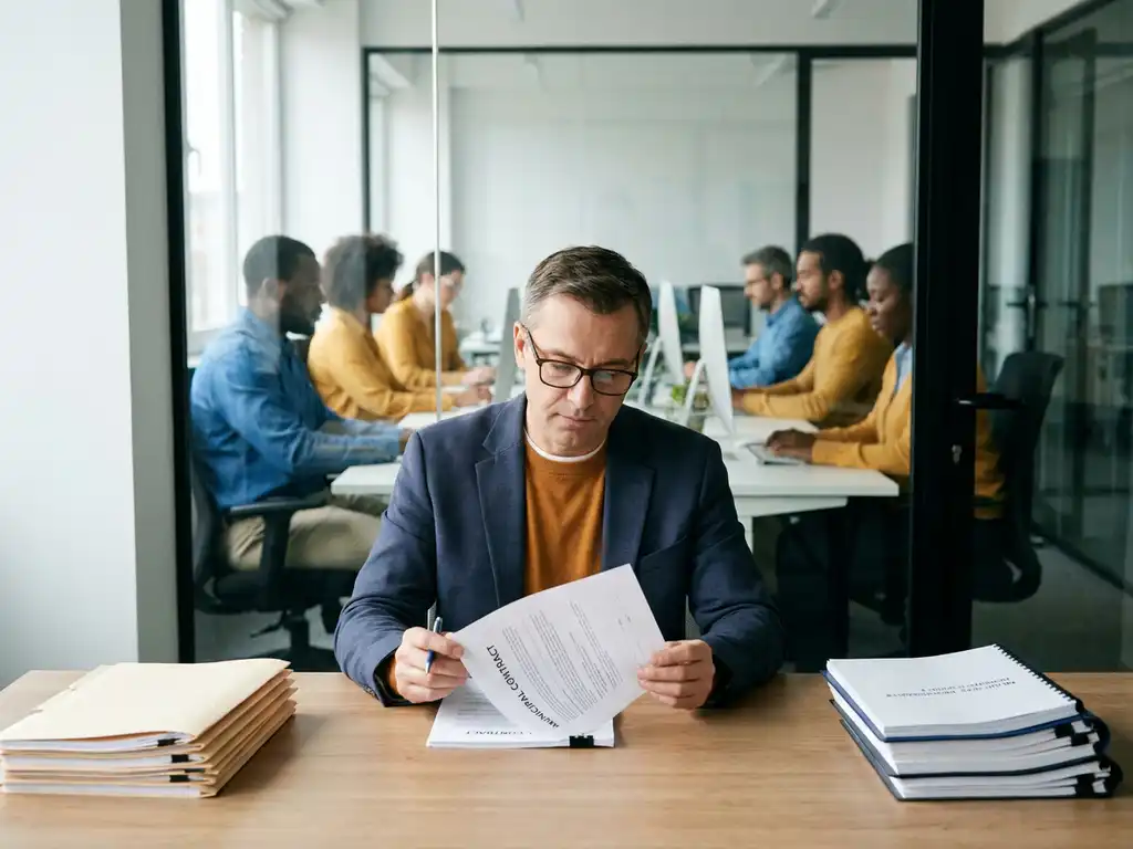 Gemeentelijke inkoopmedewerker bekijkt een formeel contract aan een overheidsbureau, collega's zichtbaar in open werkruimte op de achtergrond.