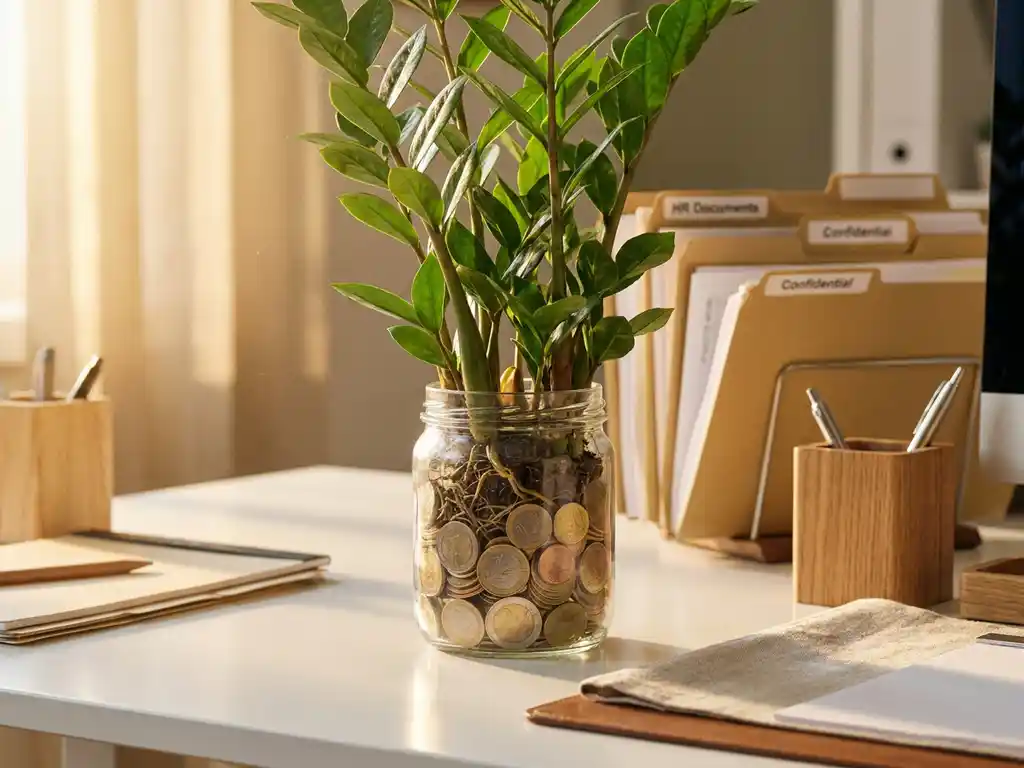Groene plant groeit uit glazen pot gevuld met euromunten op wit bureau, HR-documenten op de achtergrond, warm gouden licht.