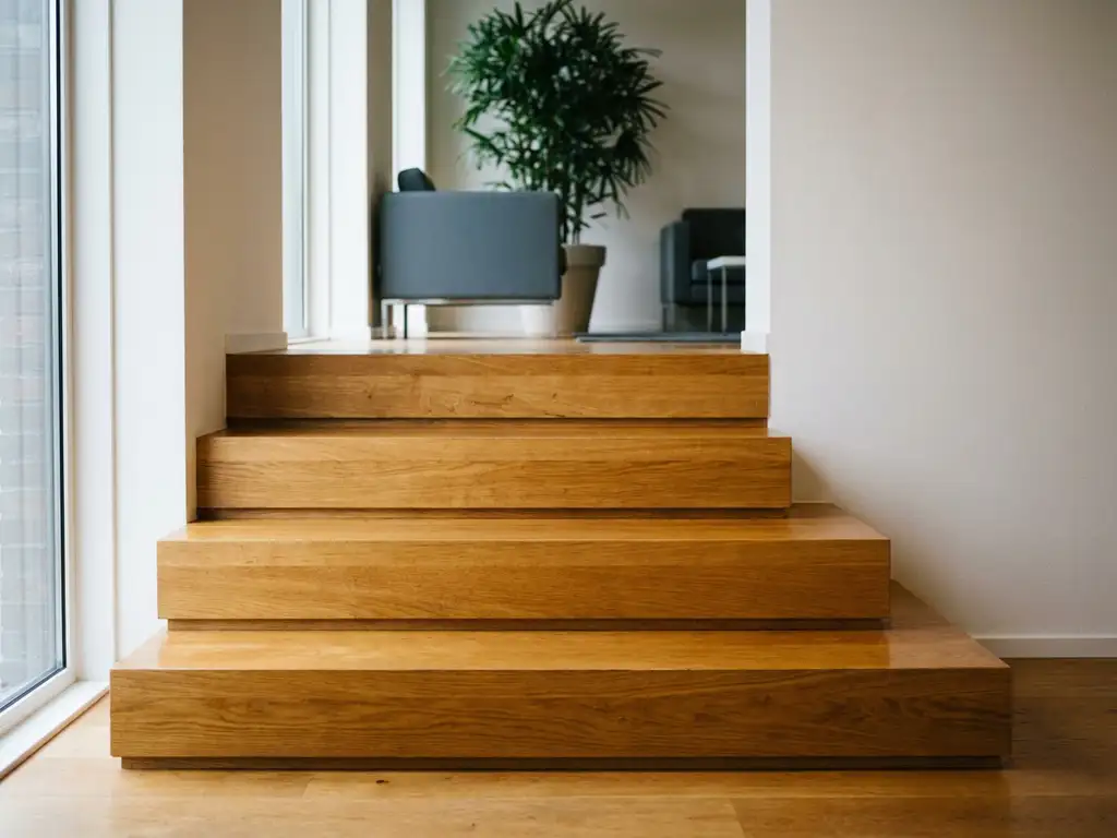 Houten trap met vier oplopende, gepolijste treden in een modern kantoor met eiken vloer en witte muren.