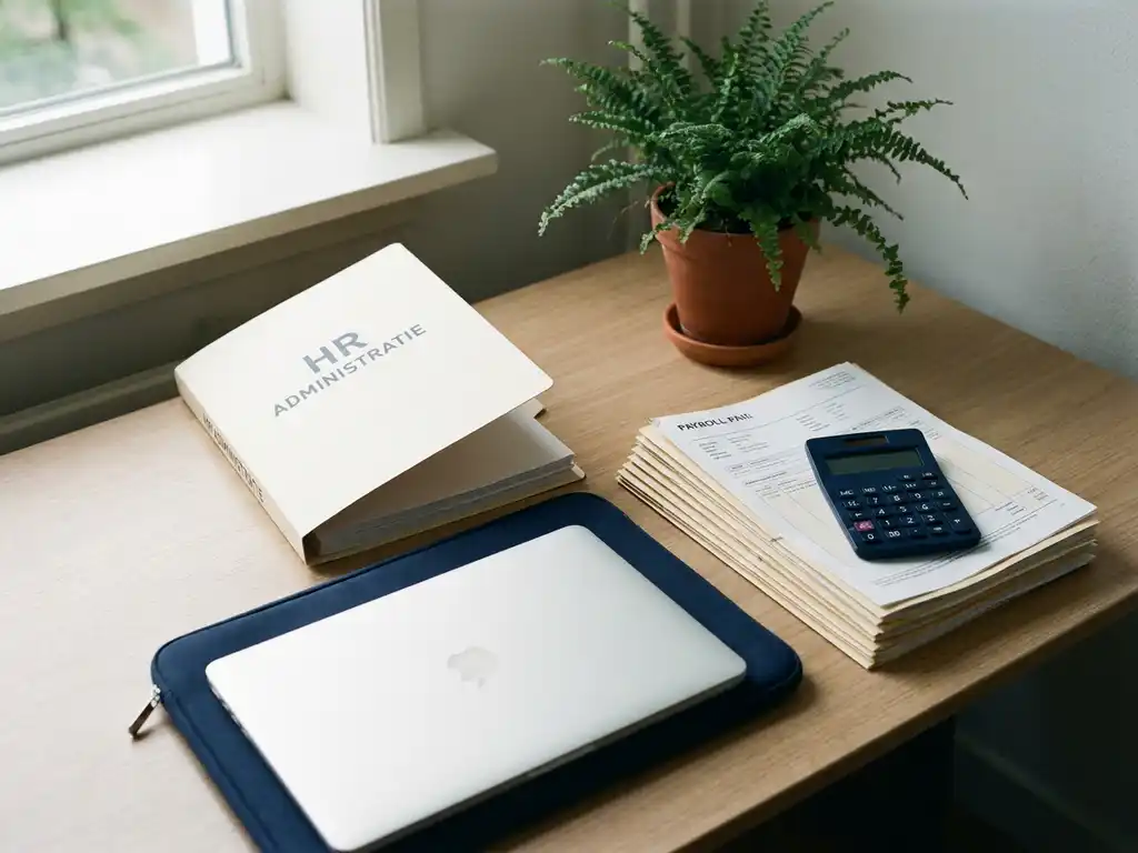Nette HR-administratie werkplek met open map, laptop, salarisadministratie documenten, rekenmachine en kamerplant in warm natuurlijk licht.