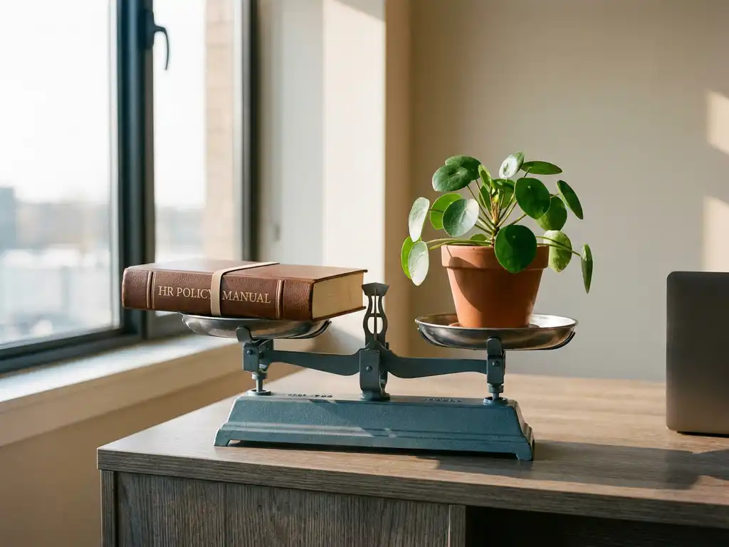 Balansweegschaal op modern bureau met HR-beleidsdocument en groene plant, symboliseert evenwicht tussen beleid en sociale impact.