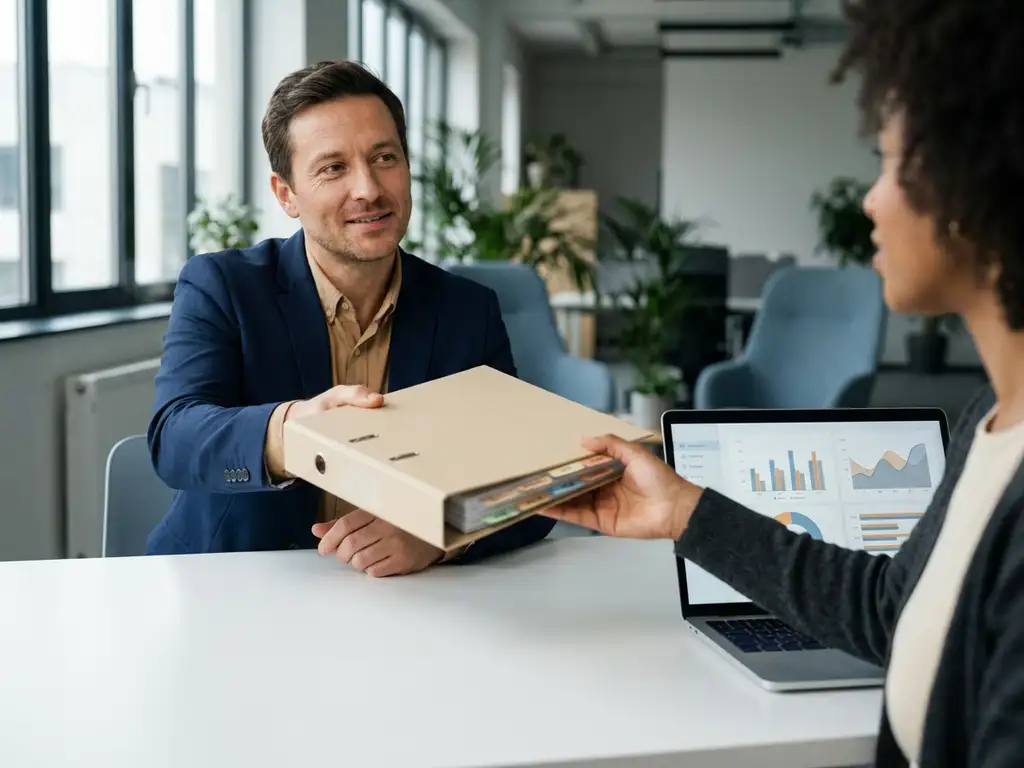 HR-consultant overhandigt compliance-documentatiemap aan collega aan modern bureau met open laptop met datadashboards.