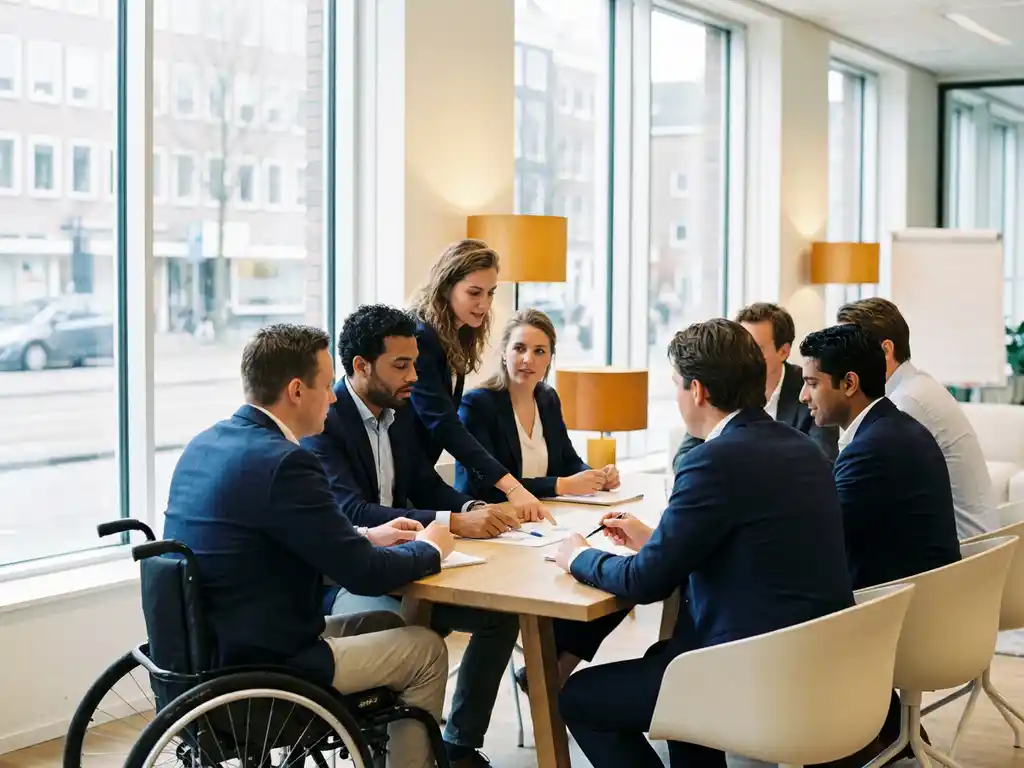 Diverse medewerkers overleggen aan een moderne vergadertafel, waaronder een collega in een rolstoel, in een lichte Nederlandse kantooromgeving.