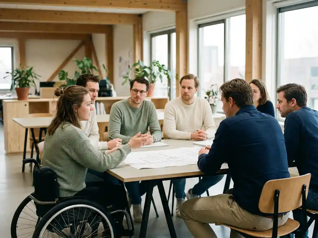 Diverse medewerkers werken samen aan een gedeelde werkruimte in een modern Nederlands kantoor, inclusief collega in rolstoel.