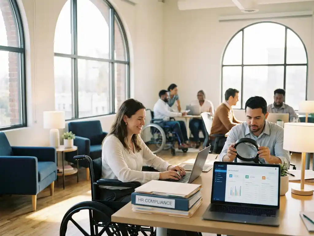 Diverse medewerkers met zichtbare beperkingen werken zelfverzekerd aan moderne bureaus in een licht kantoor met HR-documenten en laptop.