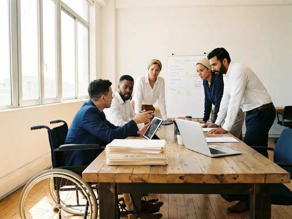 Diverse medewerkers overleggen samen aan een werkplek, collega in rolstoel actief betrokken, HR-documenten en laptop op tafel.