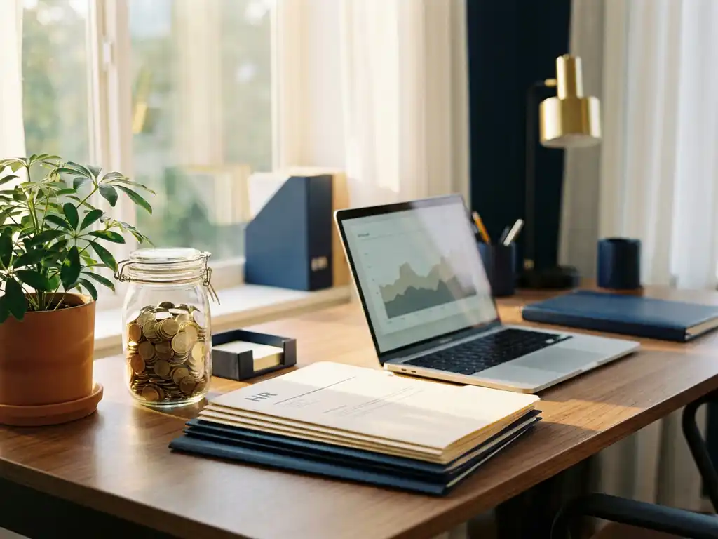 Glazen pot met munten naast een groene plant op een opgeruimd bureau met HR-documenten en laptop in warm goudkleurig licht.