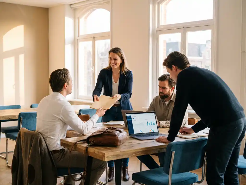 Diverse medewerkers werken samen op kantoor; collega overhandigt documentmap terwijl ander HR-data op laptop bekijkt.