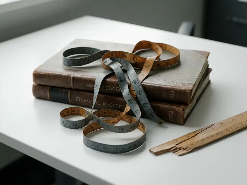Verstrengeld meetlint rond HR- en financiële grootboeken op wit bureau, met gebroken liniaal, symboliseert gebrekkige prestatiemeting.