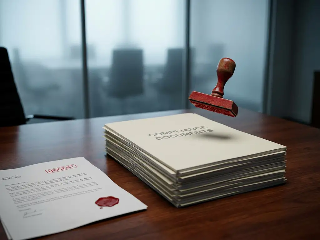 Stapel ongetekende nalevingsdocumenten op kantoorbureau met rode stempel en urgente brief in gedempte grijze en rode tinten.