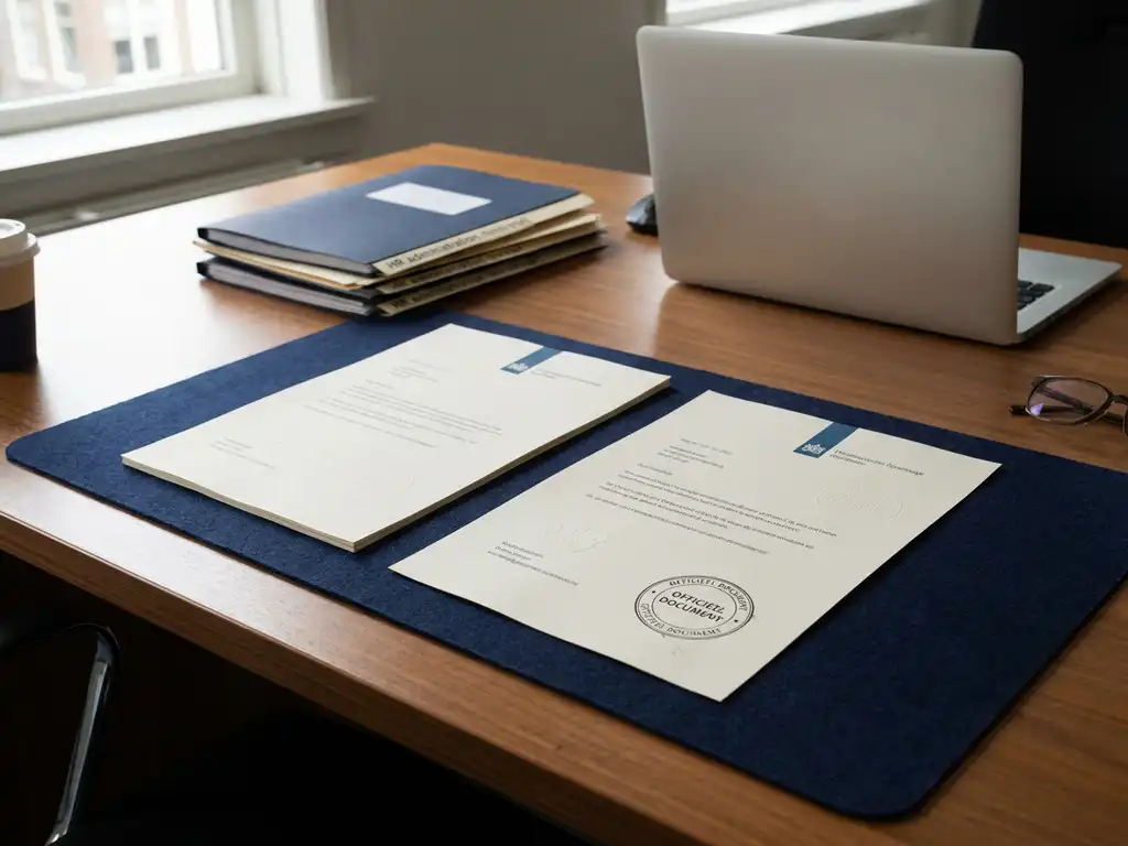 Twee officiële Nederlandse overheidsdocumenten met stempel op een zakelijk bureau, omringd door HR-mappen en laptop.