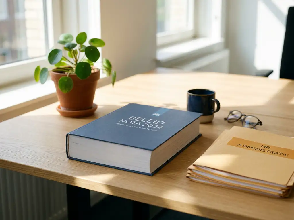 Nederlands overheidsbeleidsdocument op modern bureau naast HR-administratiemappen en kleine plant, zacht natuurlijk licht.