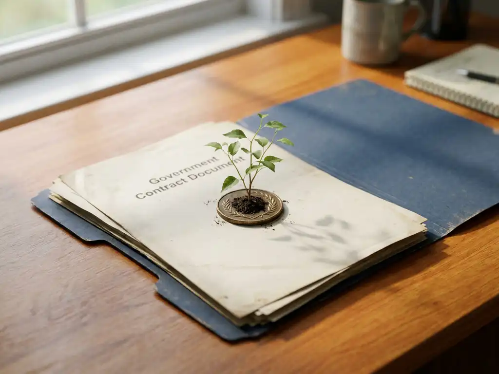 Open overheidscontract op modern bureau met kleine groene plant die groeit uit een munt, symbool voor maatschappelijke meerwaarde.