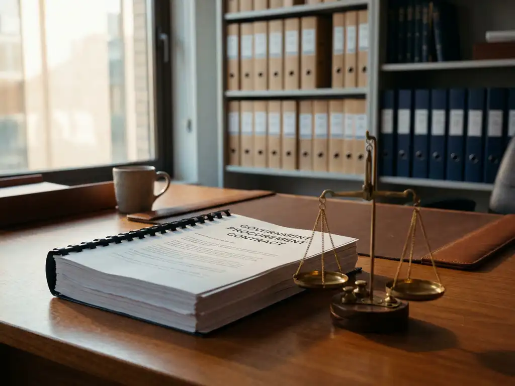 Overheidsinkoopcontract op modern bureau met messing weegschaal, administratiemappen op achtergrond, warm natuurlijk licht.