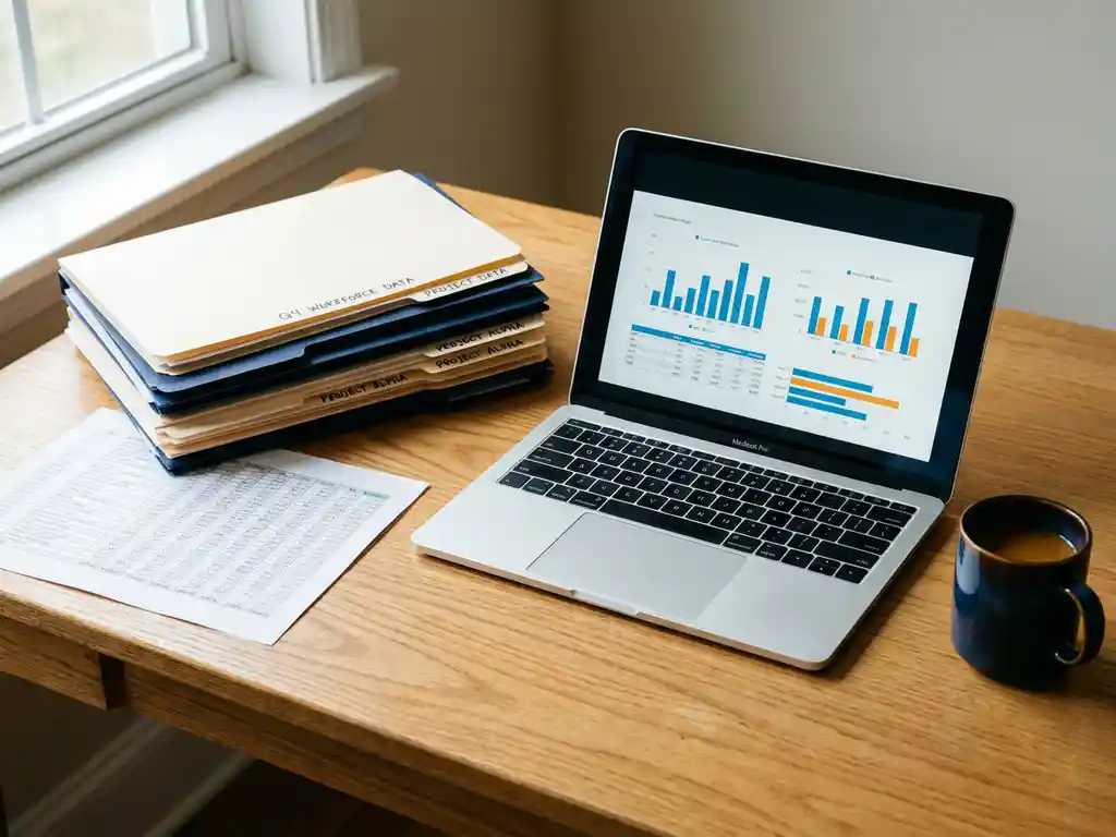 Eikenhouten bureau met geordende mappen, personeelsdatasheet en laptop met dashboardgrafieken, verlicht door zacht natuurlijk raamlicht.