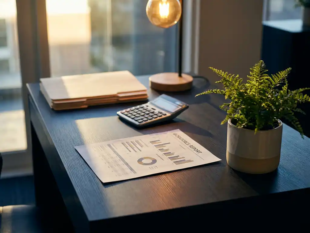 Nette bureautafel met personeelsrapport, groene plant, rekenmachine en stapel personeelsmappen in warm middaglicht.