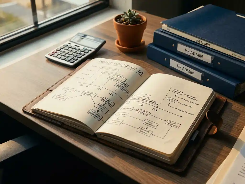 Projectroadmap geschetst in open notitieboek op kantoorbureau, omringd door calculator, potplant en HR-mappen in warm natuurlijk licht.