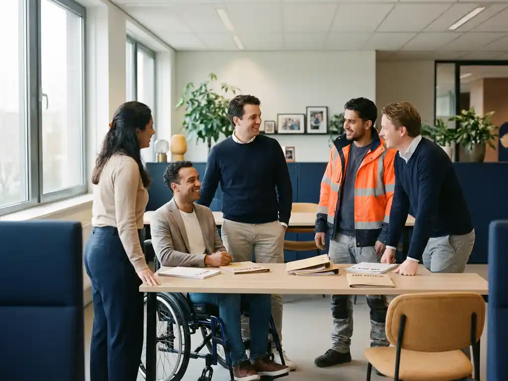 Diverse medewerkers in modern Nederlands kantoor, waaronder collega met rolstoel en reïntegratietraject, overleggen over HR-documenten.