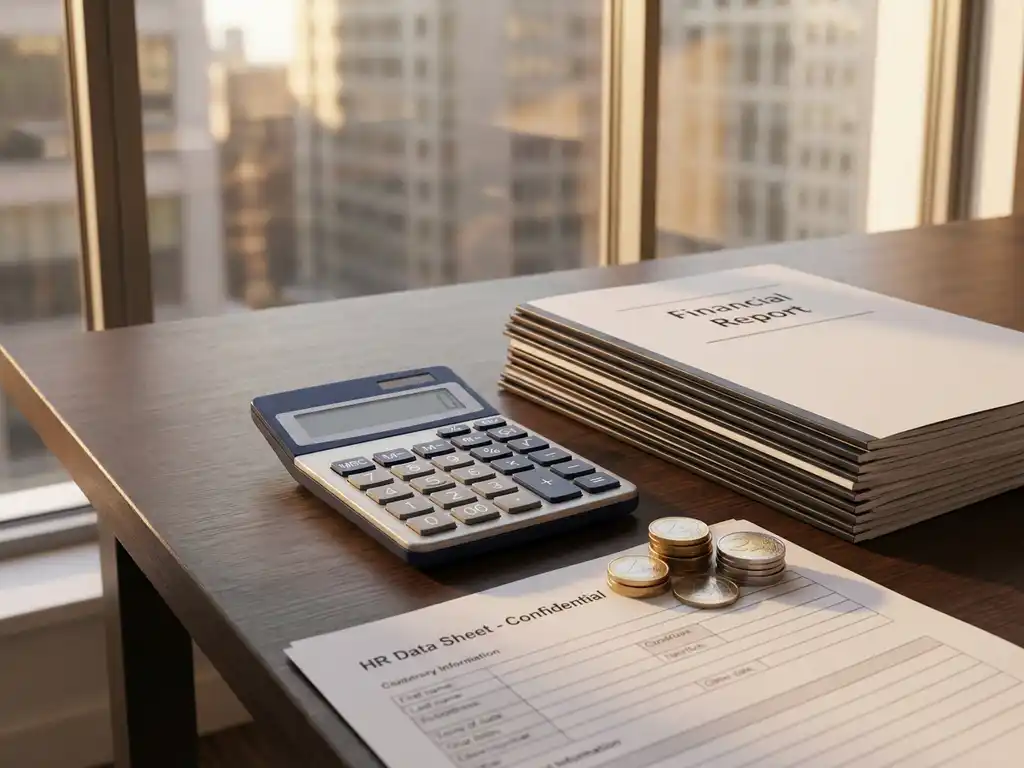 Calculator en financieel rapport op kantoorbureau met gestapelde euromunten naast HR-datasheet in warm licht.