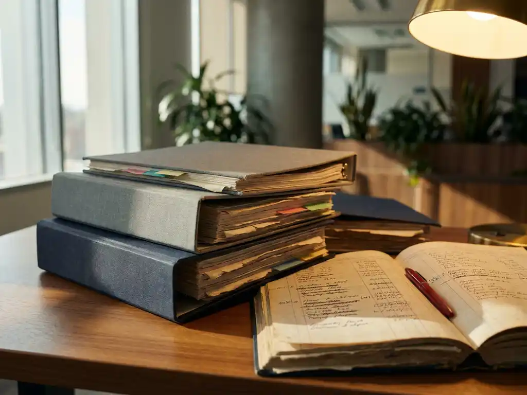 Stapel HR-salarisadministratie mappen en financiële grootboeken met ezelsoren op modern bureau, rode pen op document met doorgestreepte invoer.