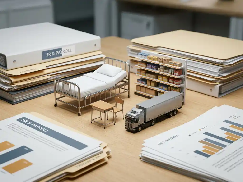 Miniatuurmodellen van een ziekenhuisbed, schoolbank, vrachtwagen en winkelrek naast HR- en salarisadministratiedocumenten op wit bureauoppervlak.