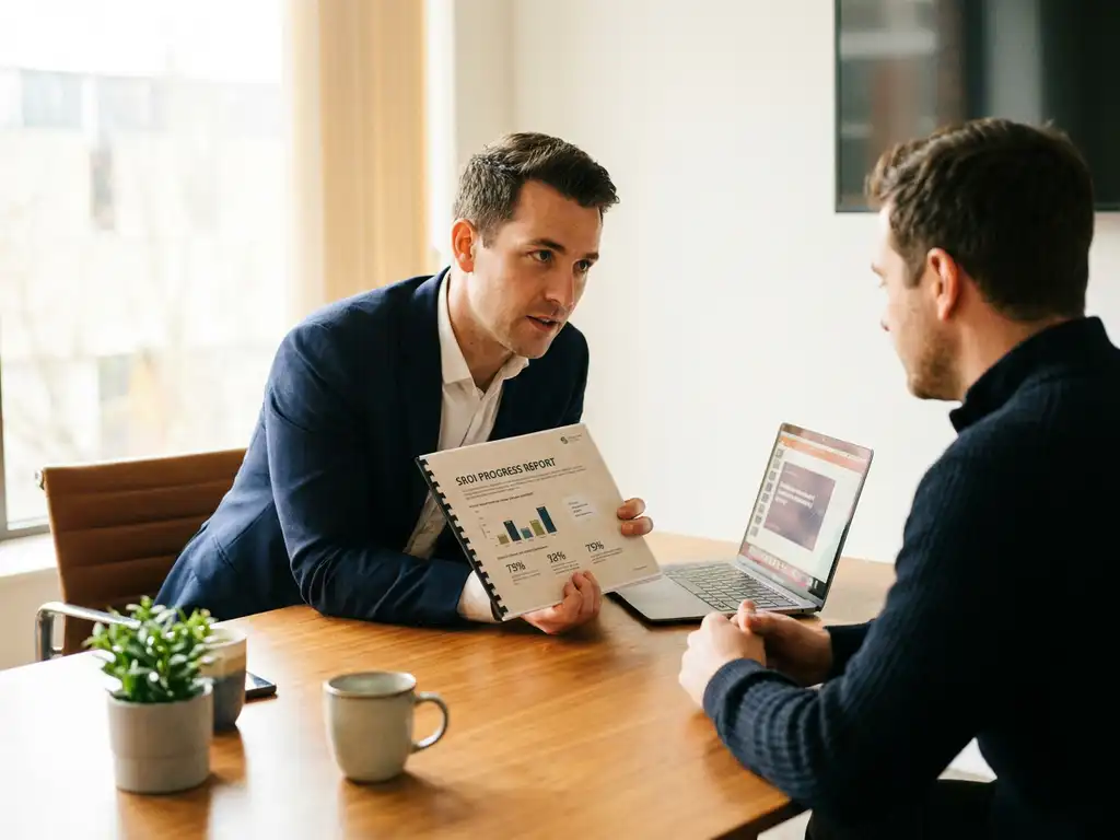Consultant overhandigt SROI-voortgangsrapport met grafieken en impactcijfers aan klant tijdens zakelijke vergadering.