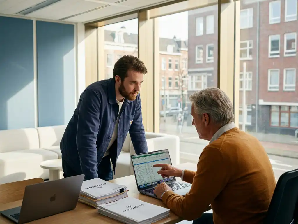 Jonge medewerker die een senior professional observeert aan een modern bureau met HR-documenten en laptop, warm natuurlijk licht.